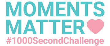 Teal text that reads "MOMENTS MATTER" with a pink heart. Underneath, the hashtag #1000SecondChallenge in pink.